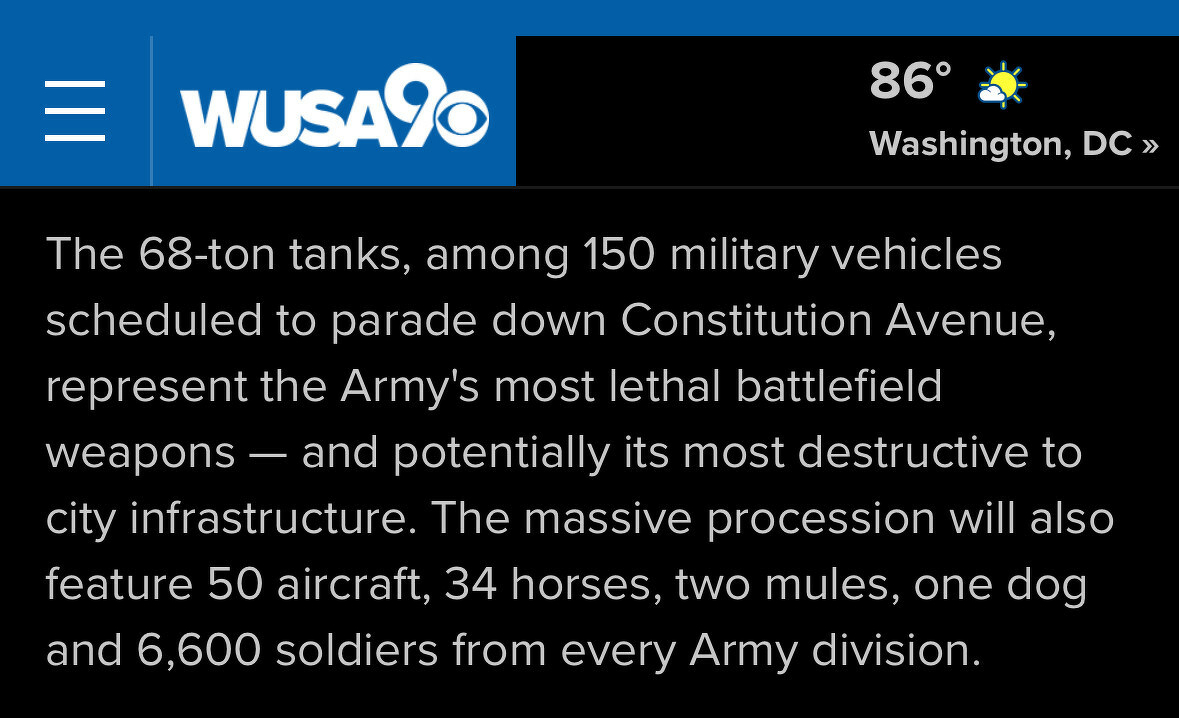WUSA article describing the number of military units at the Trump bday party parade